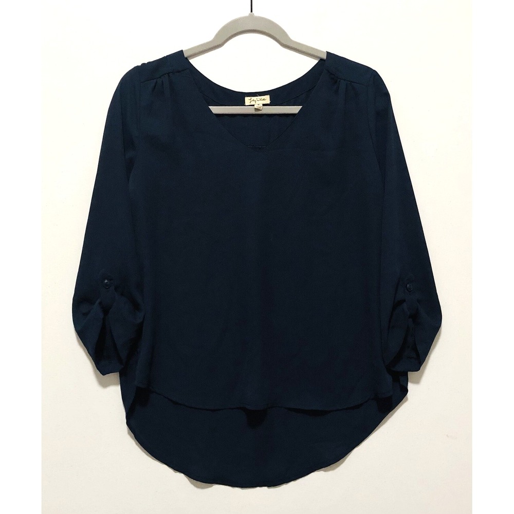 Lily White Blouse Women's M Blue Roll Tab Long Sleeve Pullover V Neck